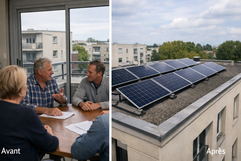 Panneaux solaires installés sur toit d'immeuble en copropriété avec processus d'accord collectif