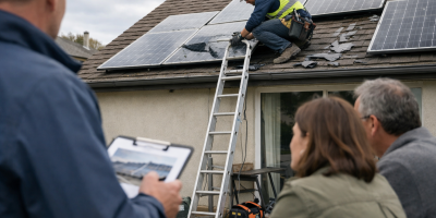 Technicien installe panneaux solaires sur toit