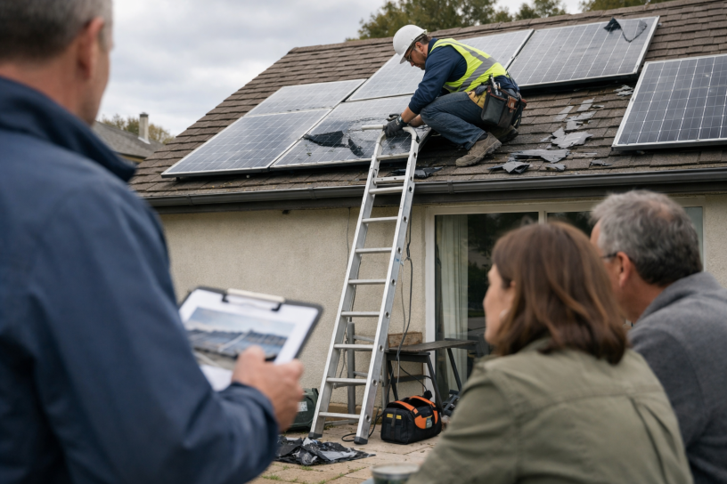 Technicien installe panneaux solaires sur toit
