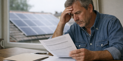 Homme préoccupé lisant des factures avec panneaux solaires