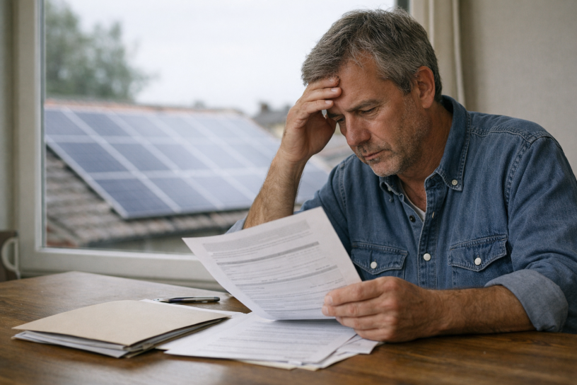 Homme préoccupé lisant des factures avec panneaux solaires