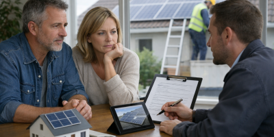 Couple discutant installation de panneaux solaires