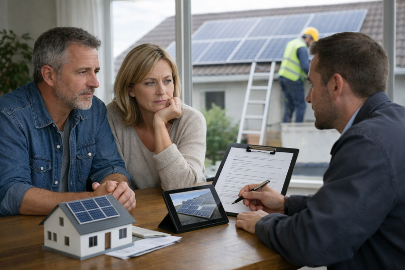 Couple discutant installation de panneaux solaires