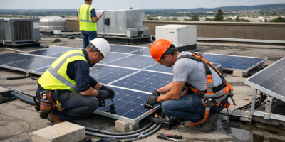 Techniciens installant des panneaux solaires sur le toit