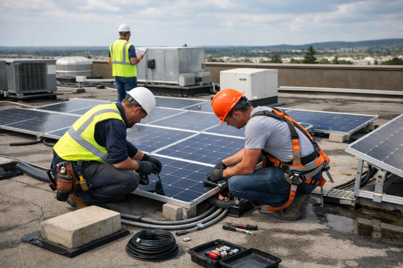 Techniciens installant des panneaux solaires sur le toit