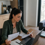 Femme concentrée annotant des documents près d'un ordinateur portable