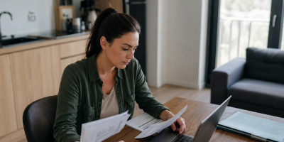 Femme concentrée annotant des documents près d'un ordinateur portable