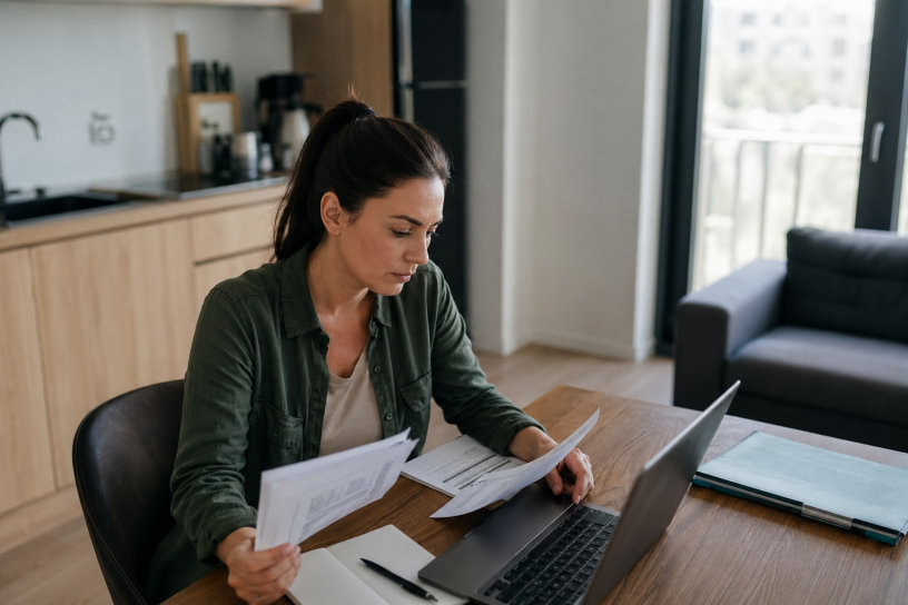 Femme concentrée annotant des documents près d'un ordinateur portable