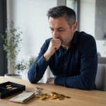 Homme pensif regardant des pièces d'or sur la table