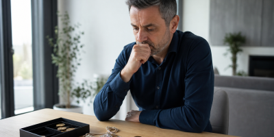 Homme pensif regardant des pièces d'or sur la table
