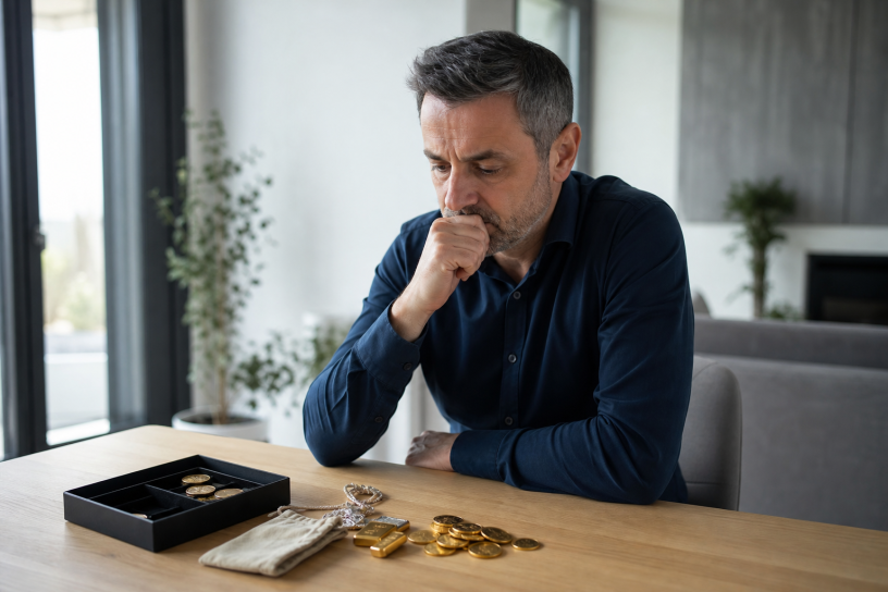 Homme pensif regardant des pièces d'or sur la table