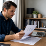Homme examinant des documents assis à un bureau