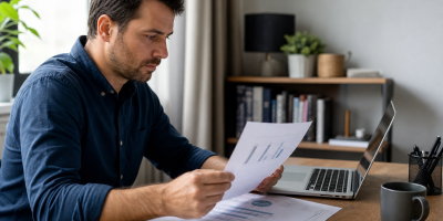 Homme examinant des documents assis à un bureau