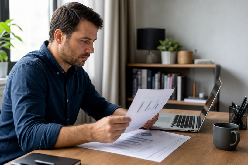 Homme examinant des documents assis à un bureau