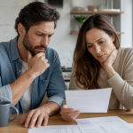 Couple regardant attentivement une feuille de papier