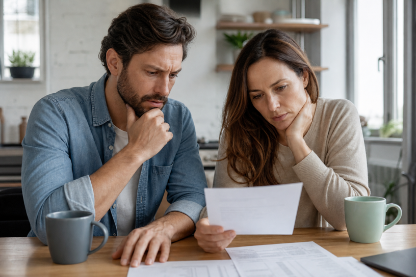 Couple regardant attentivement une feuille de papier